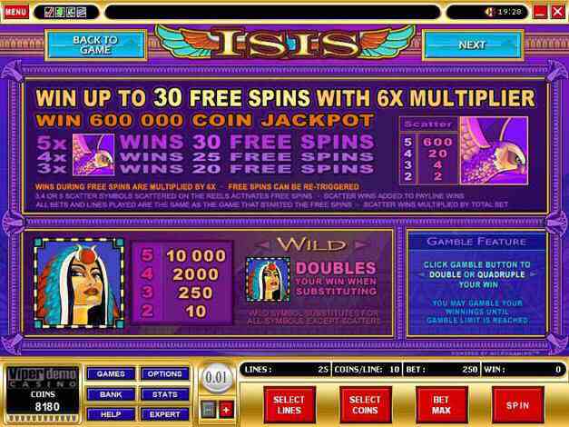 Isis / Goddess microgaming payout screen 1